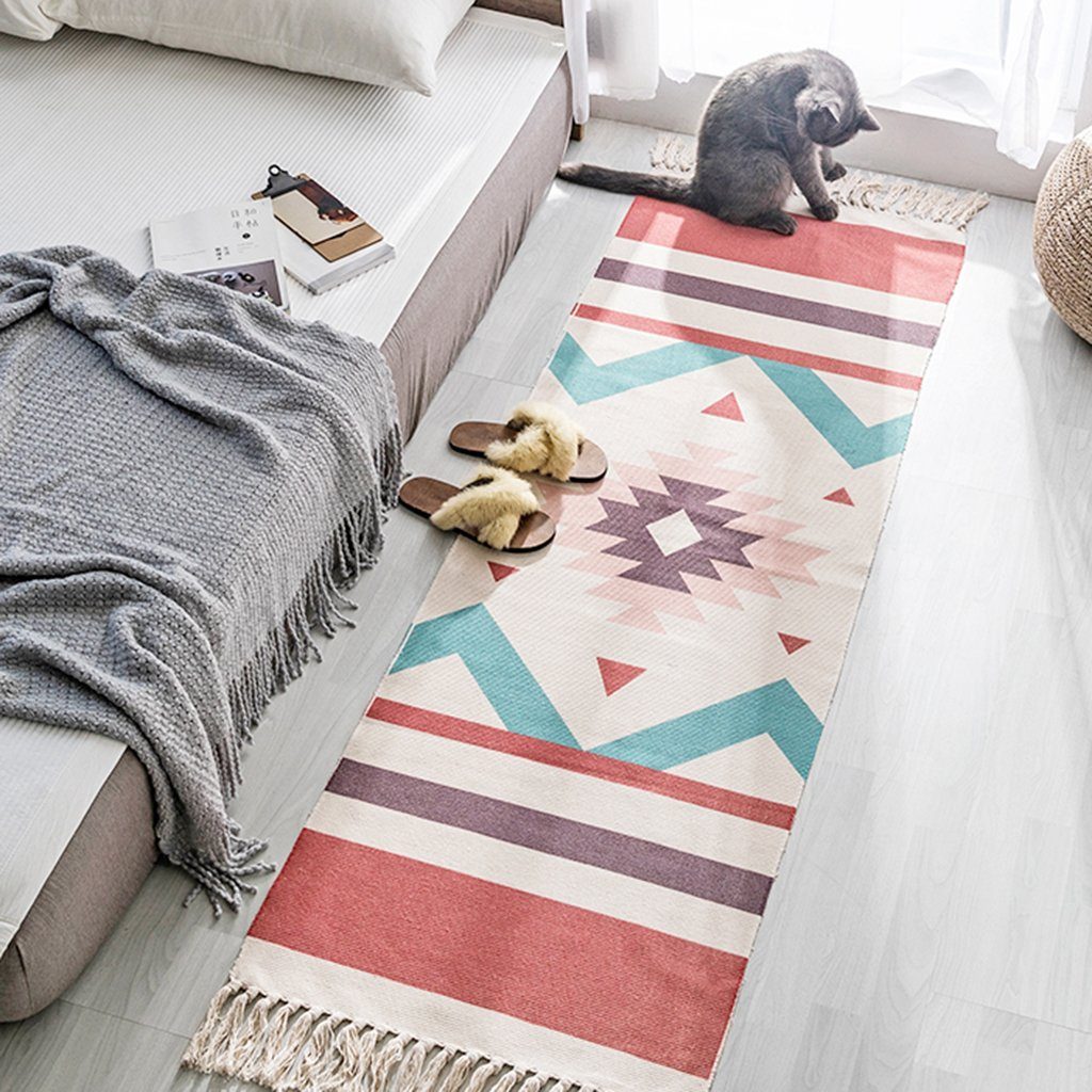 Ethnic Style Cotton Linen Bedroom Carpet Mat