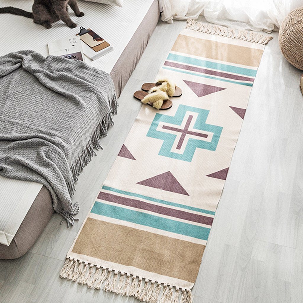 Ethnic Style Cotton Linen Bedroom Carpet Mat