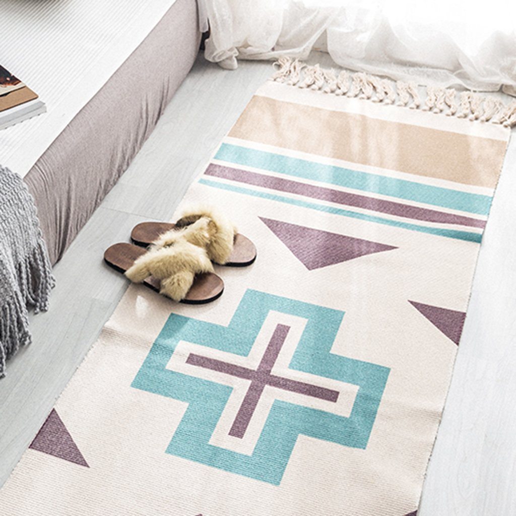 Ethnic Style Cotton Linen Bedroom Carpet Mat