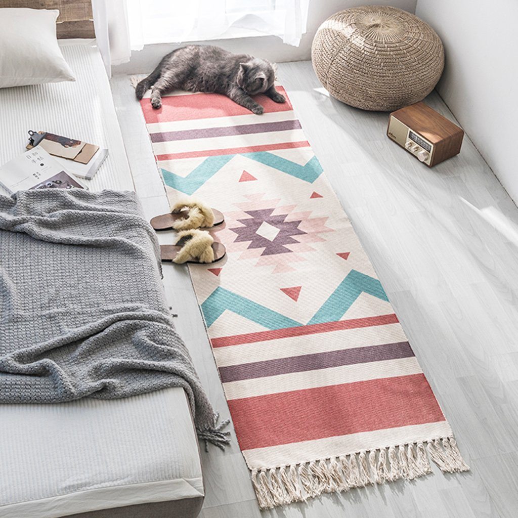 Ethnic Style Cotton Linen Bedroom Carpet Mat