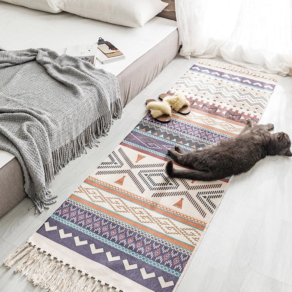 Ethnic Style Cotton Linen Bedroom Carpet Mat