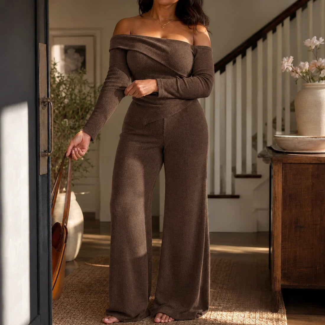 Off-Shoulder Long-Sleeve Wide-Leg Pants Set