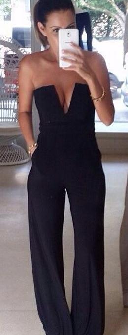 Strapless V-neck Slim Pure Color Flared Long Jumpsuit - Meet Yours Fashion - 2