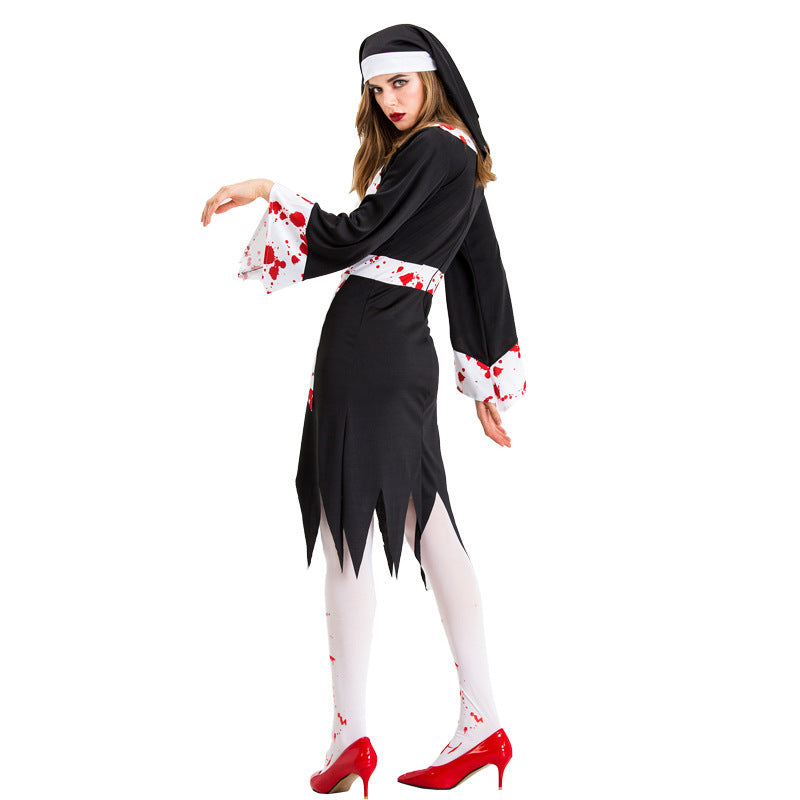 Vampire Zombie Nun Costume With Blood Stains For Halloween Cosplay