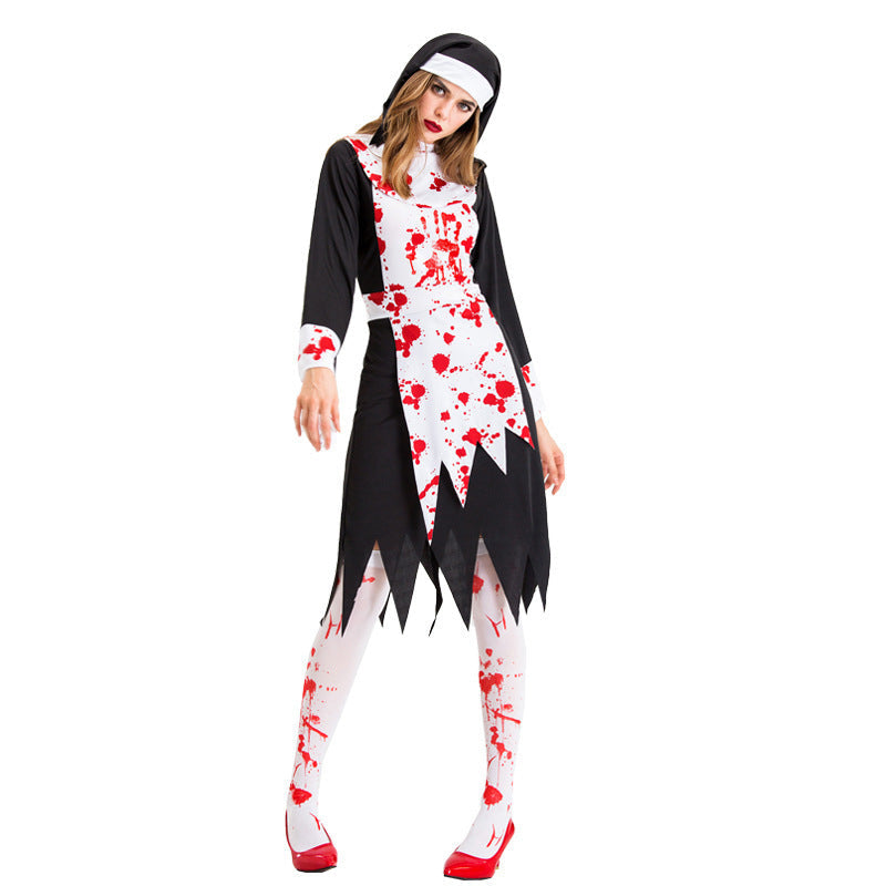 Vampire Zombie Nun Costume With Blood Stains For Halloween Cosplay
