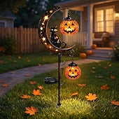 Halloween Solar Lights Outdoor Waterproof, Moon Black Cat Garden Stakes with 2 Hanging Pumpkin Lanterns, Decorative Metal Pathway Lights for Yard Patio Porch Pathway Decor, Spooky Landscape Lighting