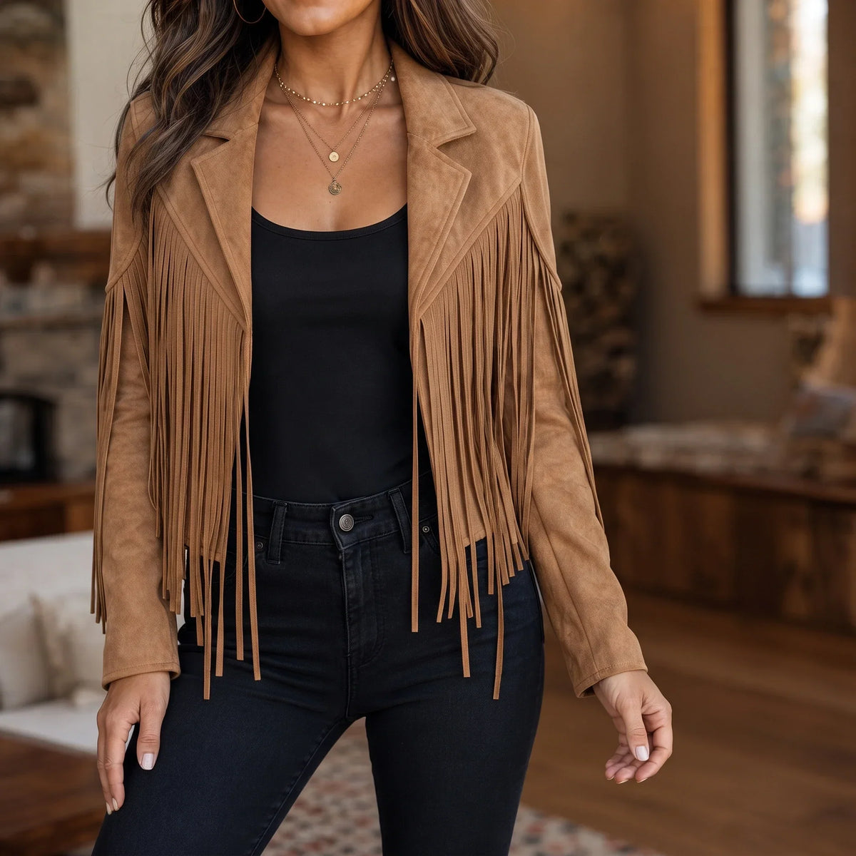 Laser-Cut Fringe Cropped Moto Jacket