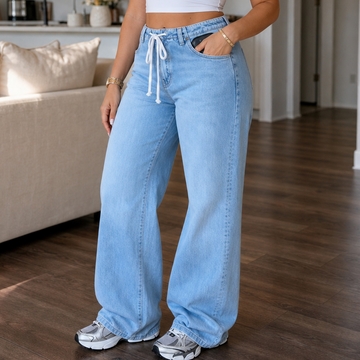 High-Waisted Drawstring Wide-Leg Jeans