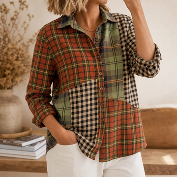 Color-Block Patchwork Plaid Button-Up Shirt