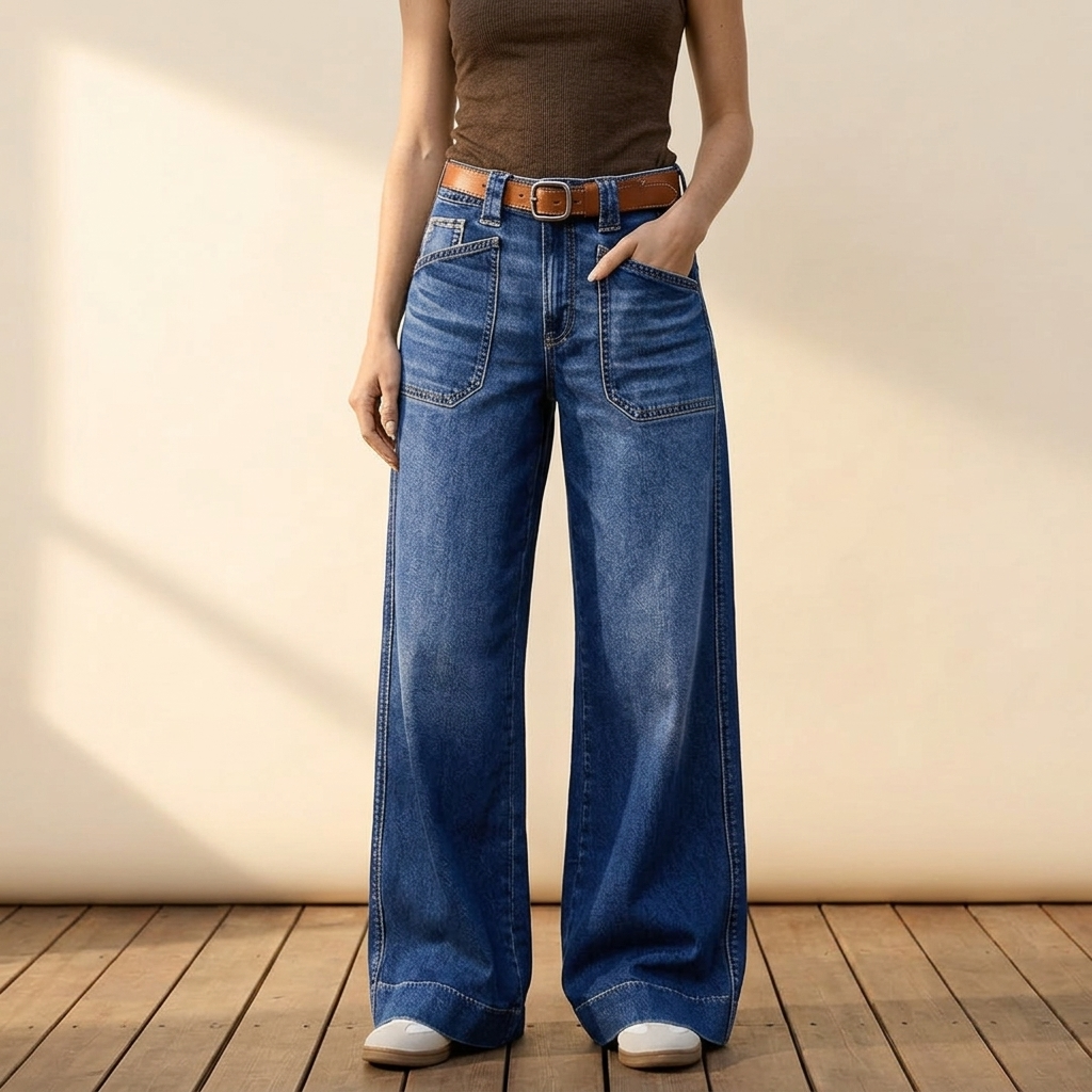 Retro Patch Pocket Wide Leg Jeans for Women