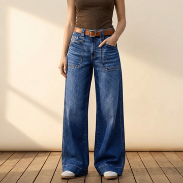 Retro Patch Pocket Wide Leg Jeans for Women