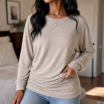 Side-Ruched Batwing Knit Sweater
