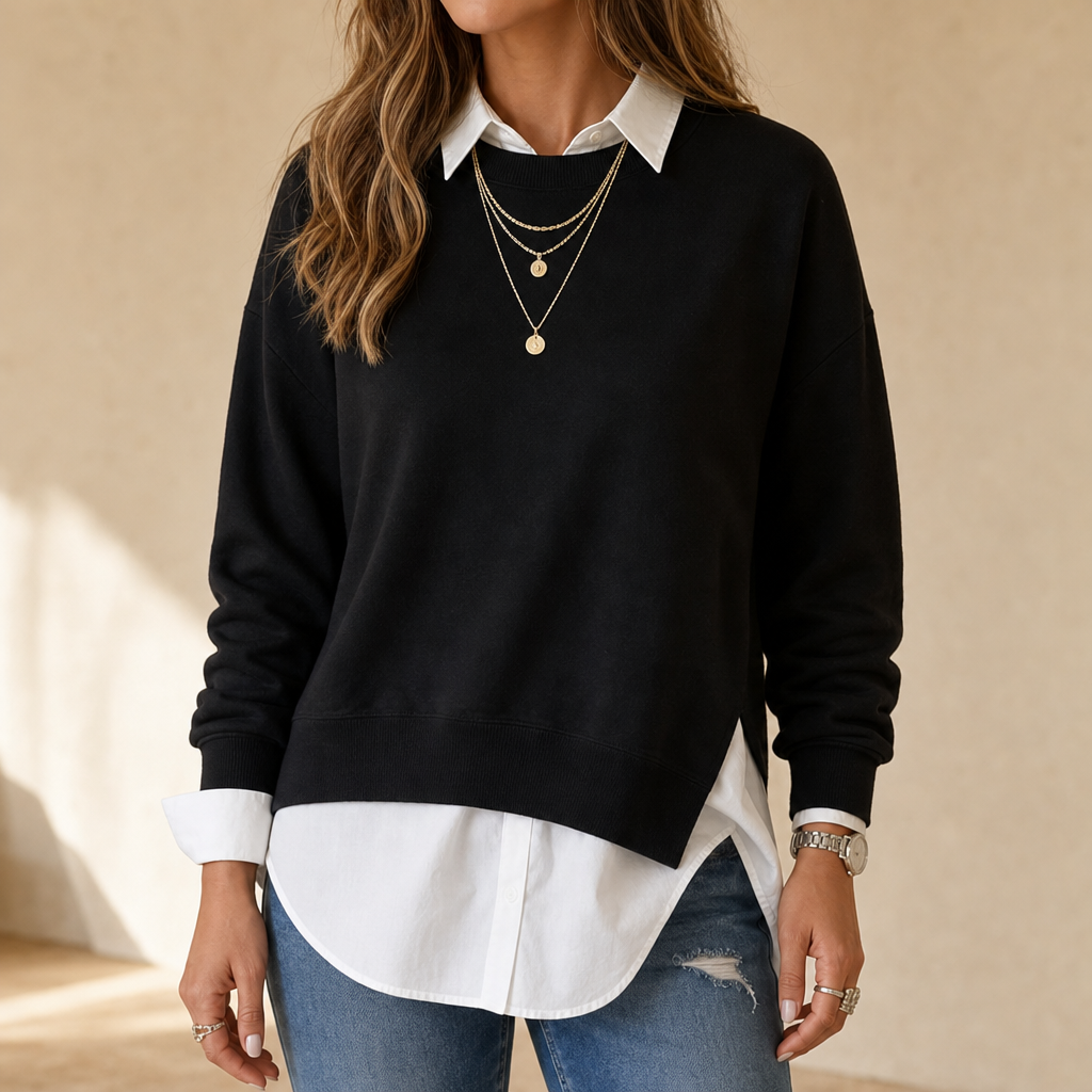 Layered Mock Shirt Collar Crewneck Sweatshirt