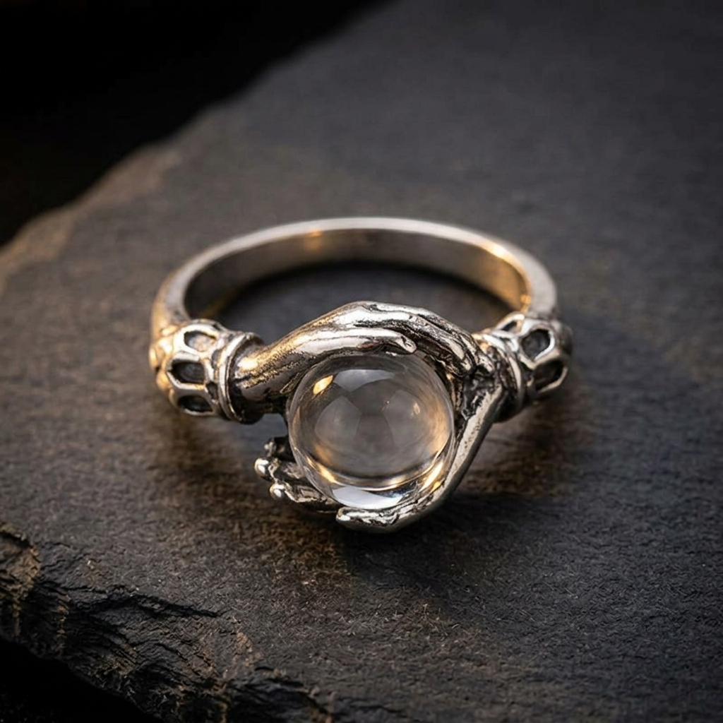 Gothic crystal ball statement ring