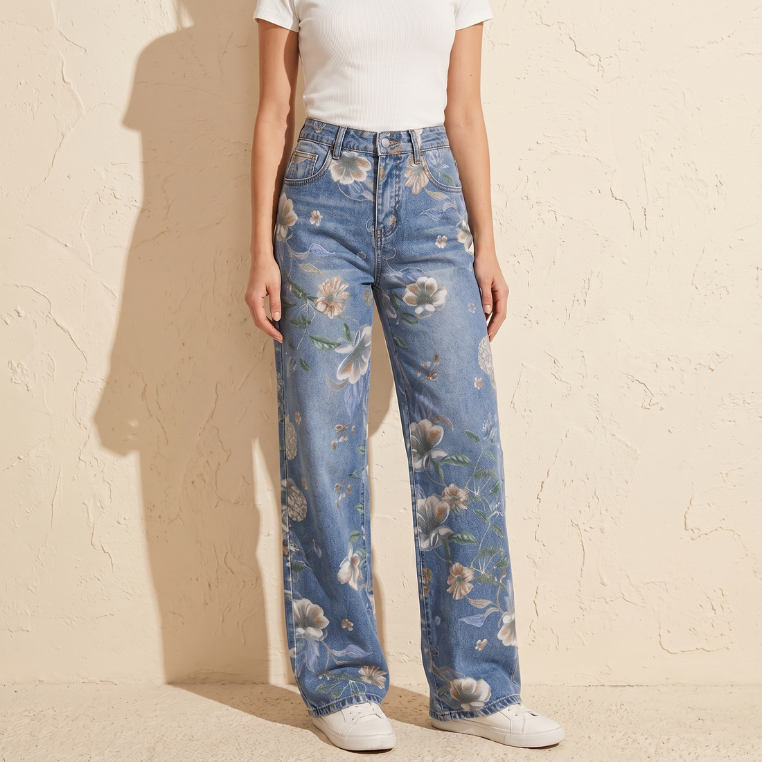 Women's Floral Print Wide-Leg Jeans