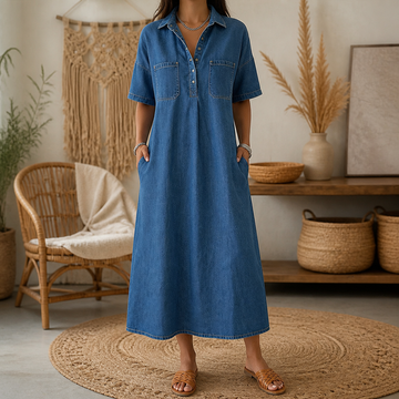 Pocketed Shirt Collar Denim Midi Dress