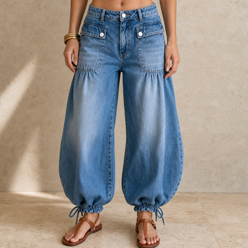 Drawstring Cuff Wide-Leg Balloon Jeans