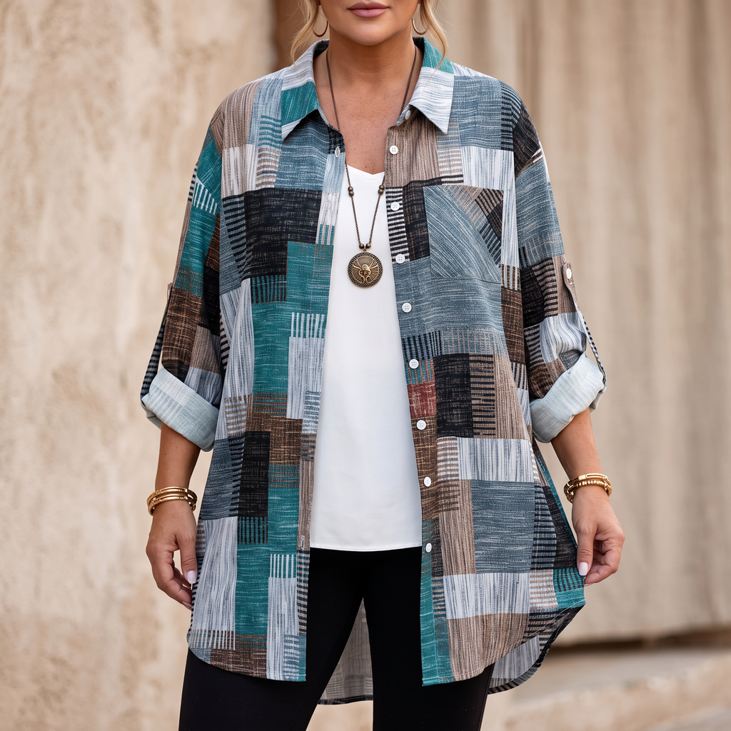 Colorful Patchwork Plaid Button-Up Shirt
