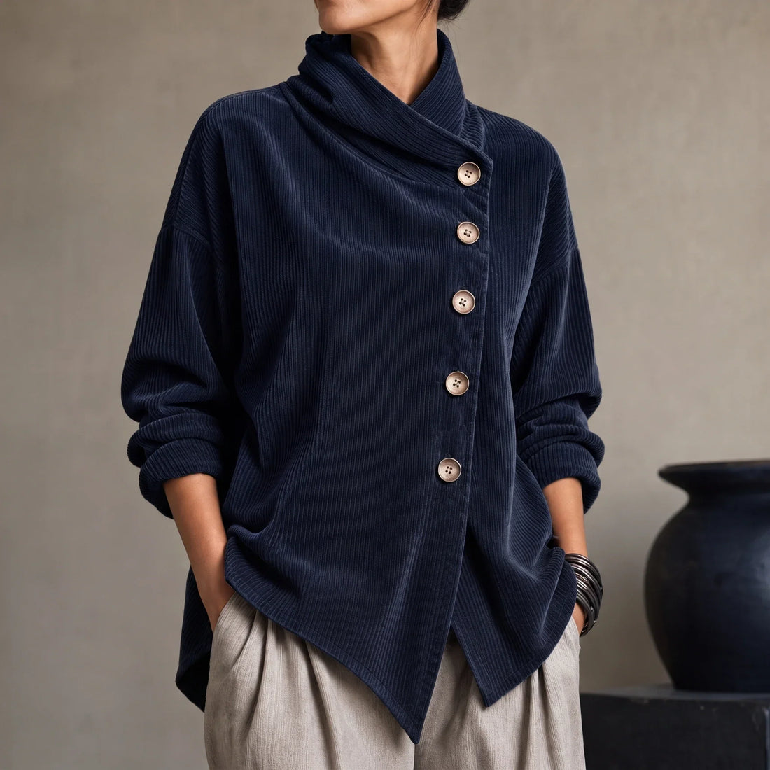 Draped Neck Asymmetrical Button-Front Top