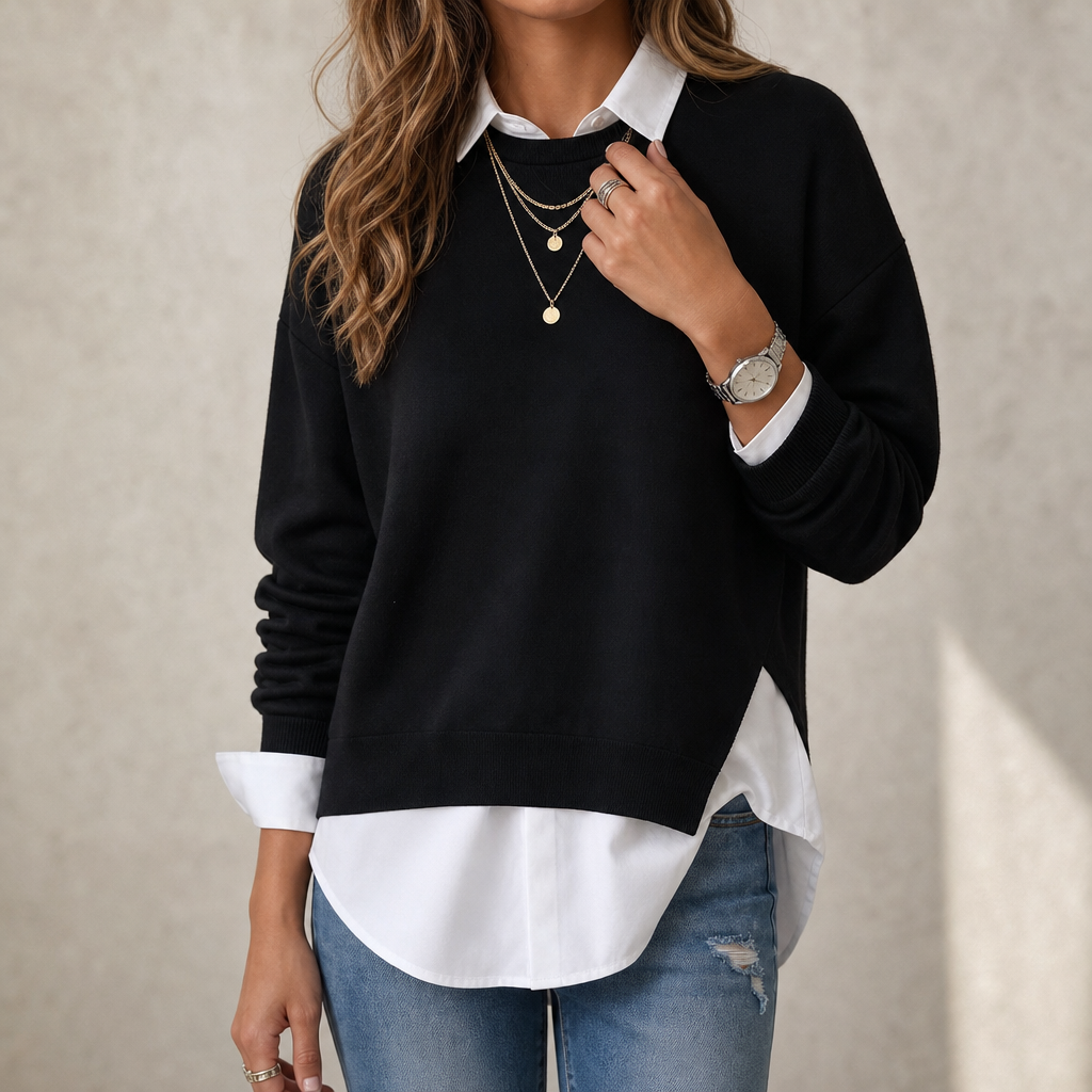 Layered Mock Shirt Collar Crewneck Sweatshirt