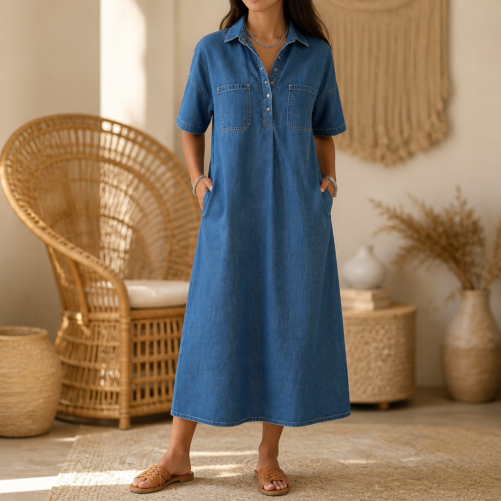 Pocketed Shirt Collar Denim Midi Dress