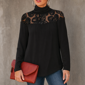 Sheer Floral Lace-Yoke High-Neck Blouse