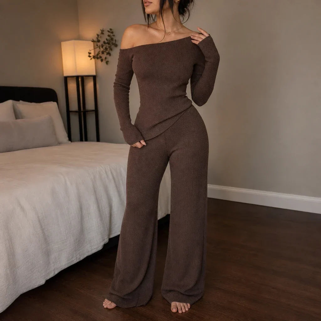 Off-Shoulder Long-Sleeve Wide-Leg Pants Set
