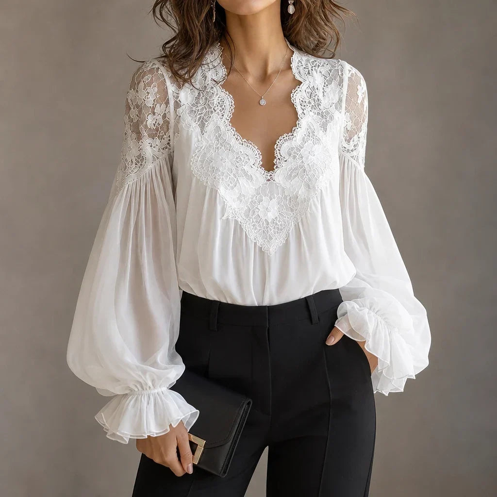 Cotton Lace-Patchwork Ruffle-Cuff Blouse
