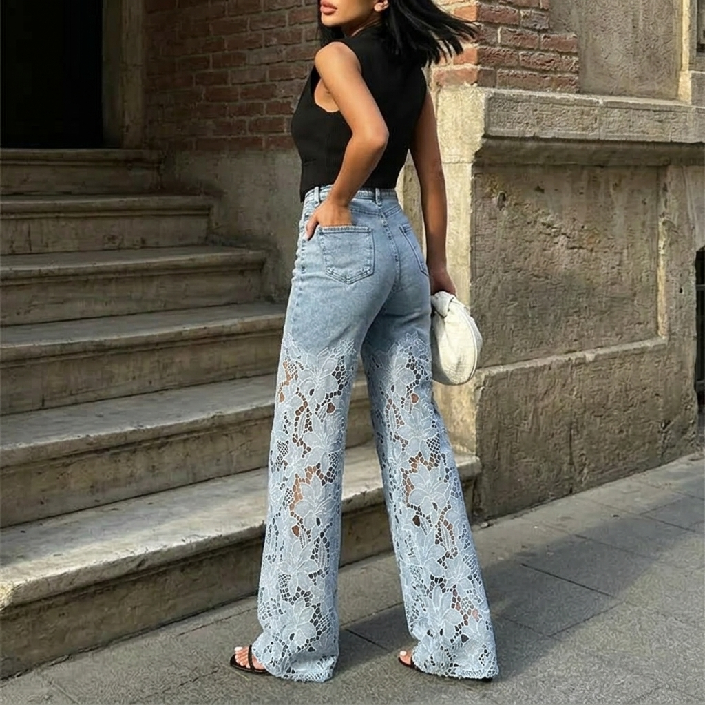 Women's Floral Lace Patchwork Wide Leg Jeans
