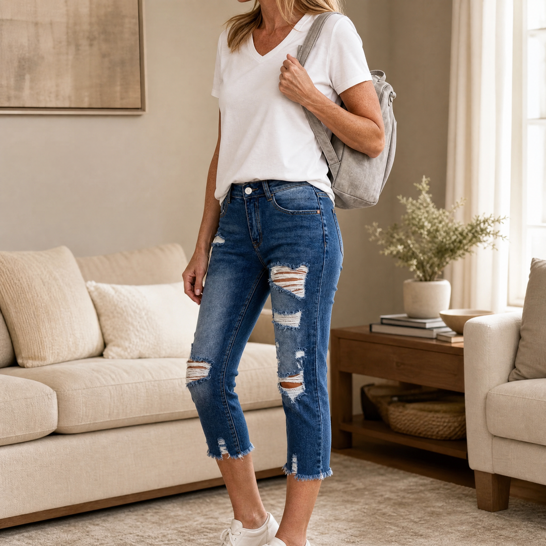 Women's Soft Cotton Frayed-Hem Capri Jeans