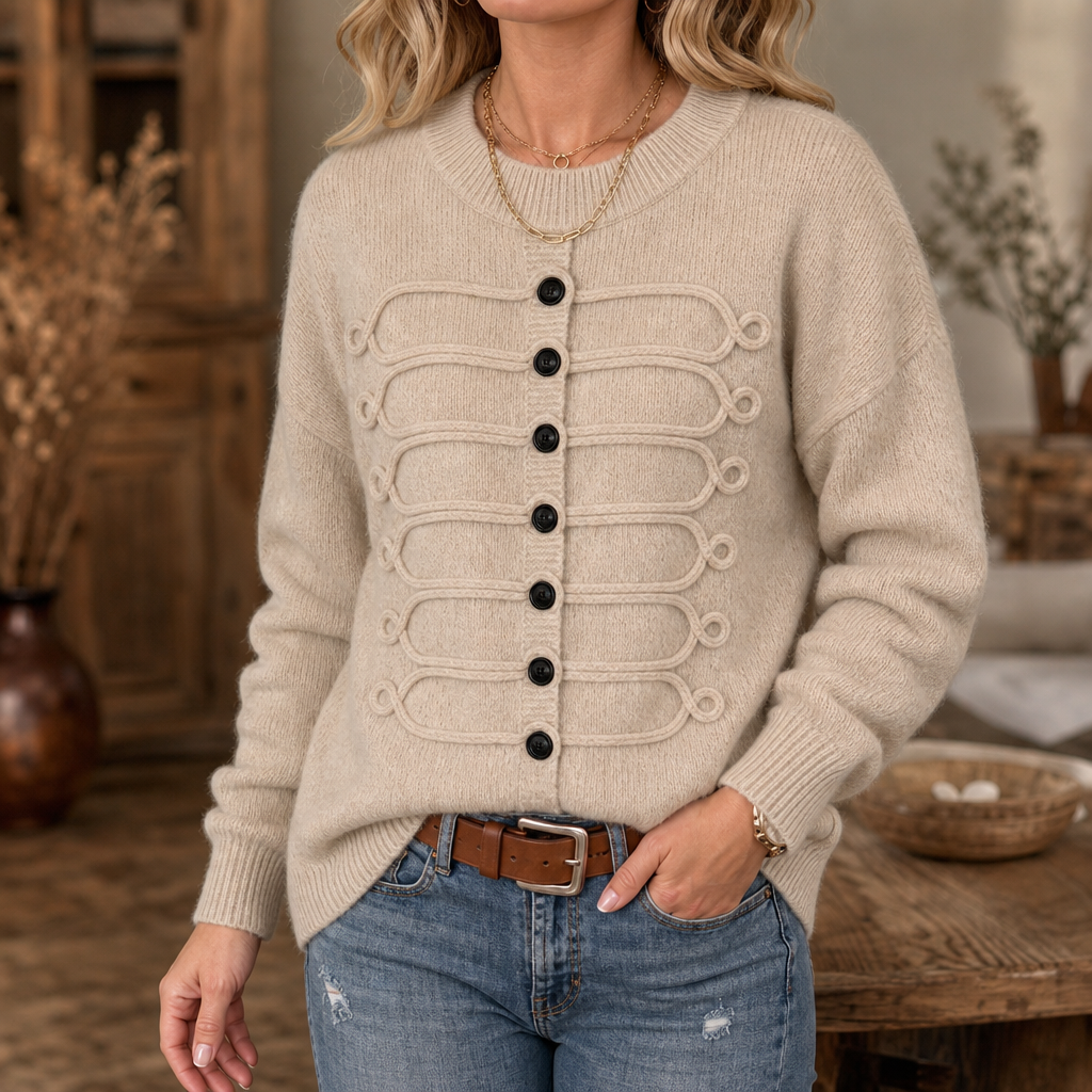 Braided Cord Button-Front Knit Sweater
