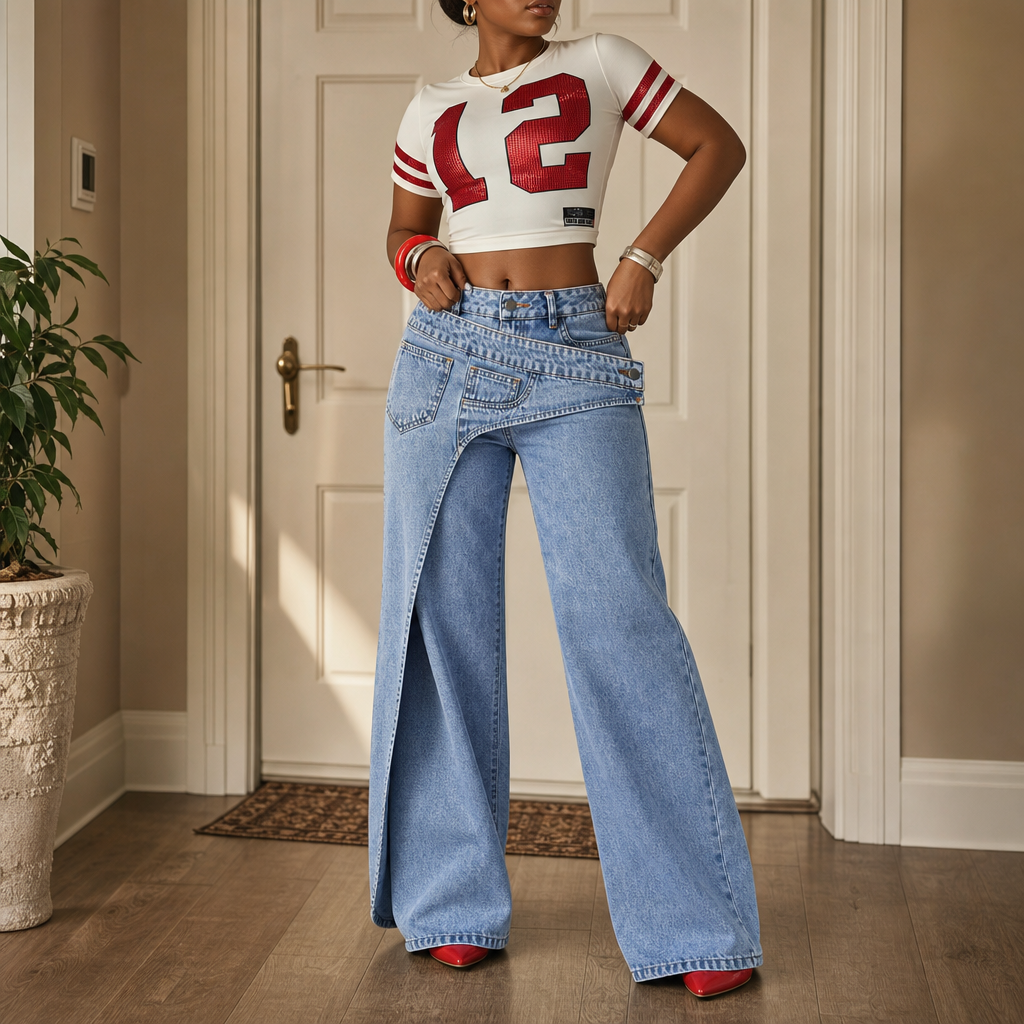 Asymmetric Overlap Waist Wide-Leg Jeans