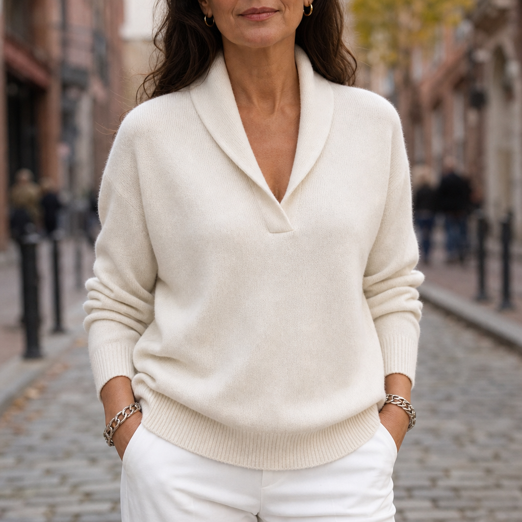 Draped Shawl-Collar V-Neck Sweater