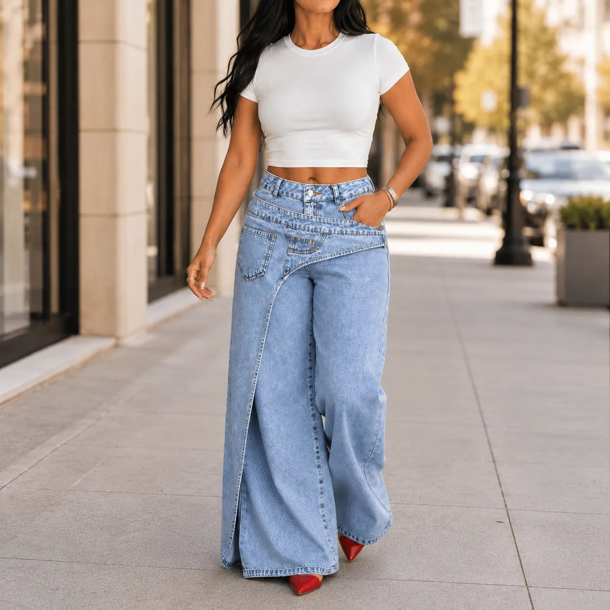 Asymmetric Wrap Waist Wide Leg Jeans