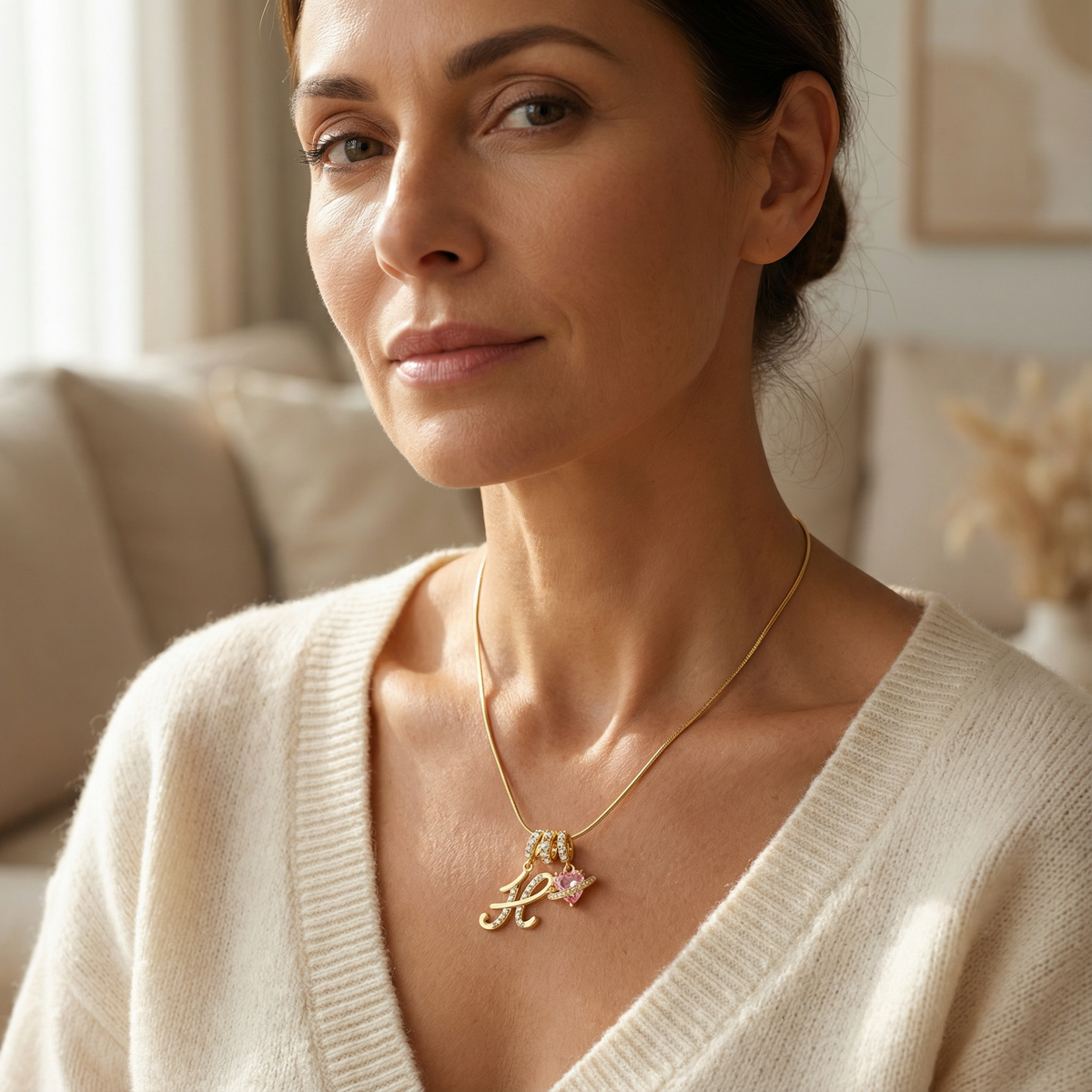3-Layer Initial Necklace with Pink Heart Zircon