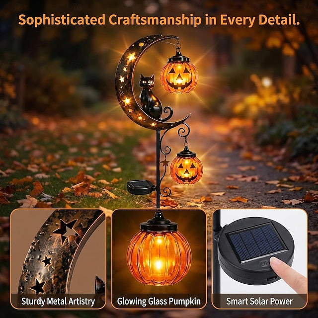 Halloween Solar Lights Outdoor Waterproof, Moon Black Cat Garden Stakes with 2 Hanging Pumpkin Lanterns, Decorative Metal Pathway Lights for Yard Patio Porch Pathway Decor, Spooky Landscape Lighting