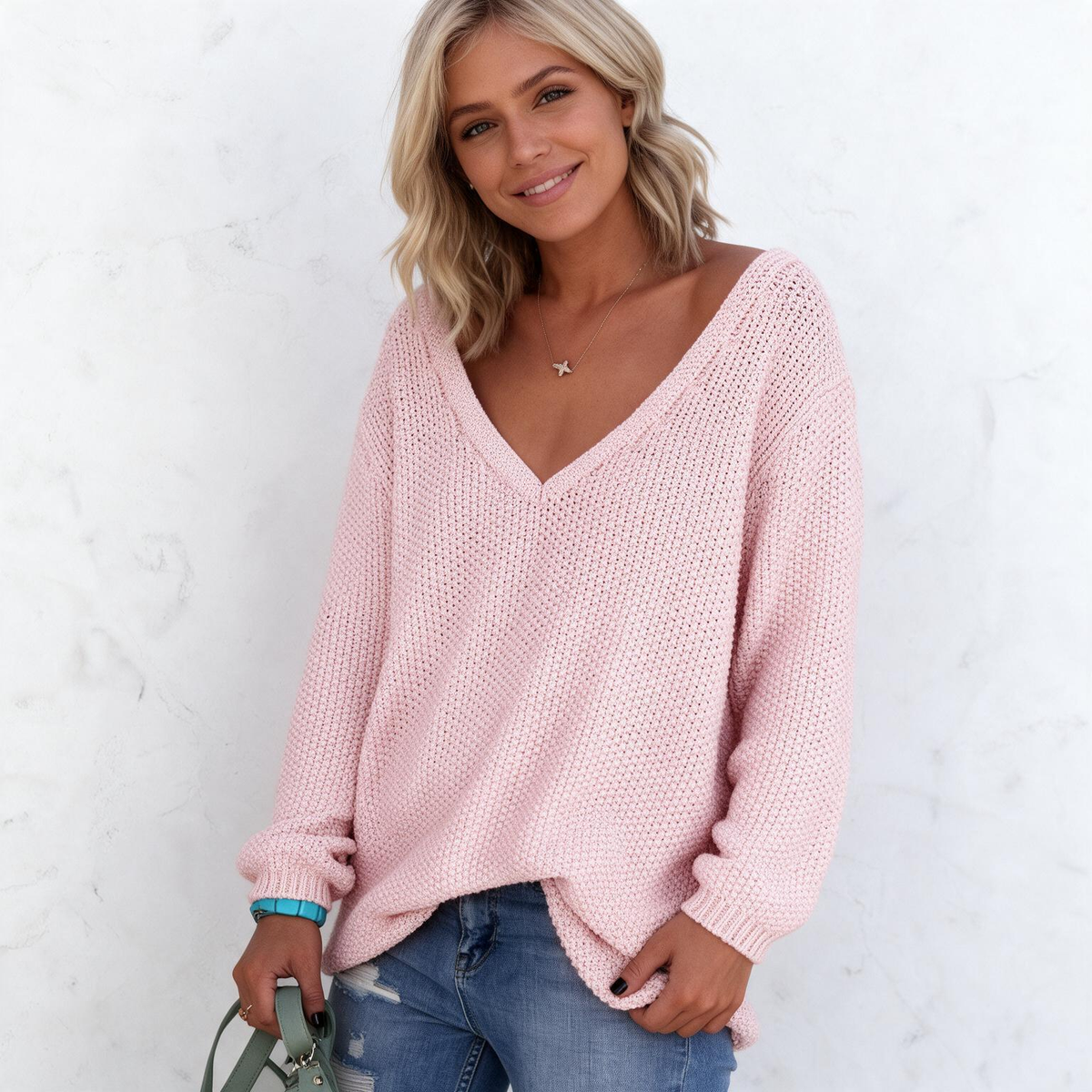 V-NECK LOOSE KNIT PURE COLOR PULLOVER SWEATER