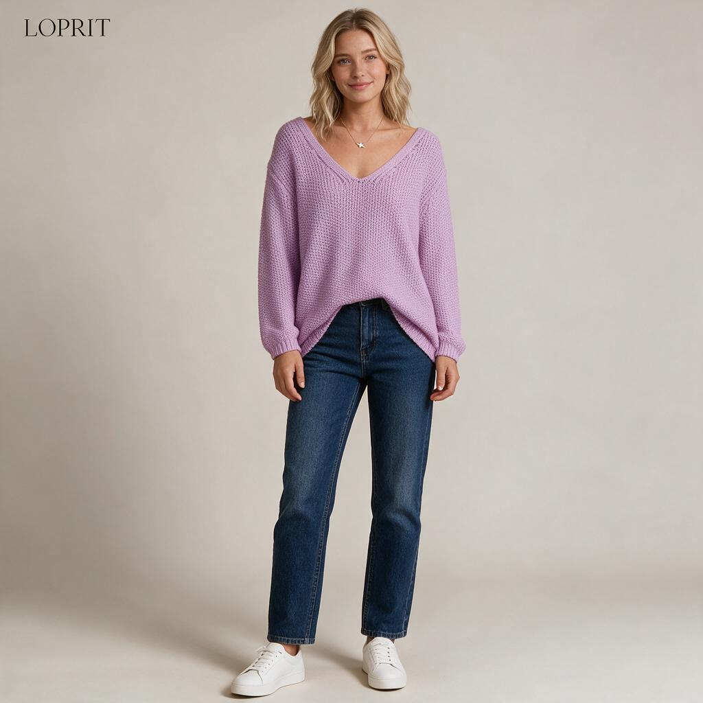 V-NECK LOOSE KNIT PURE COLOR PULLOVER SWEATER