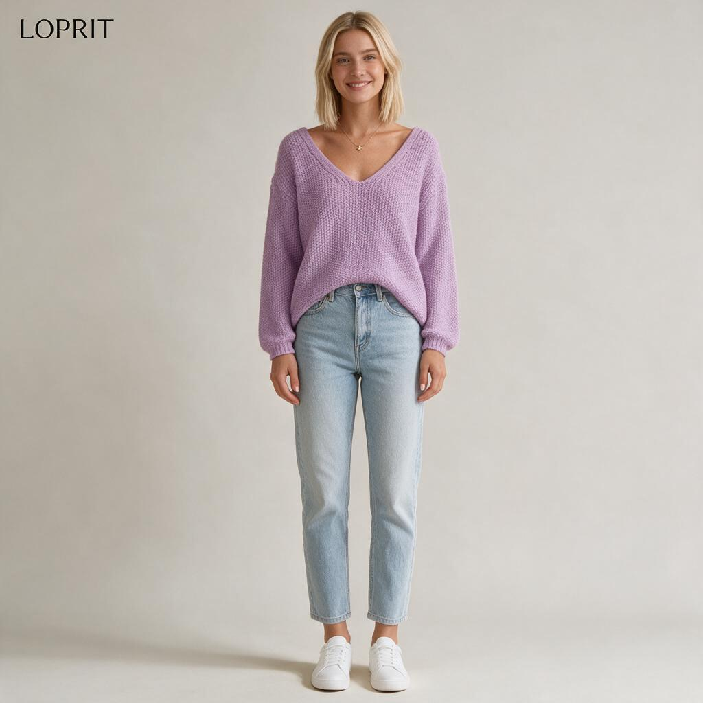 V-NECK LOOSE KNIT PURE COLOR PULLOVER SWEATER