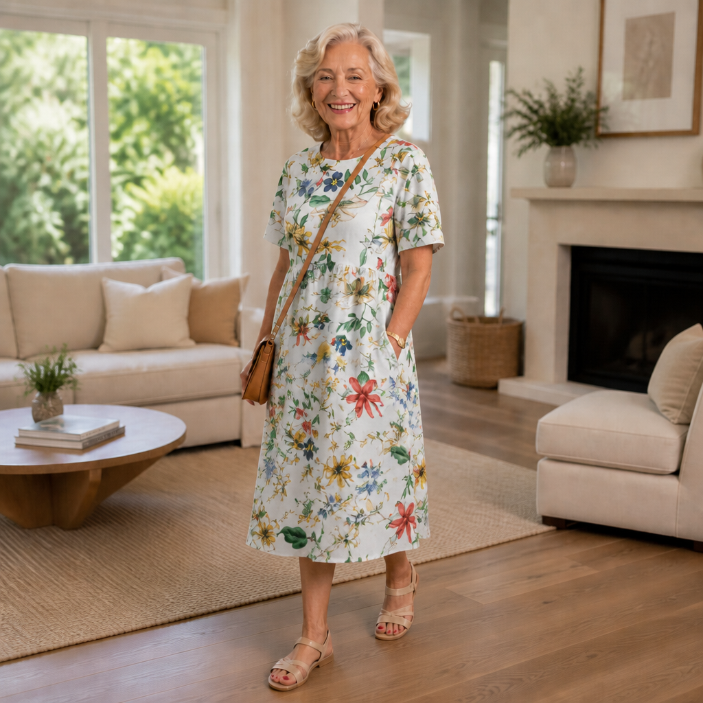Floral Print Round-Neck Midi Dress