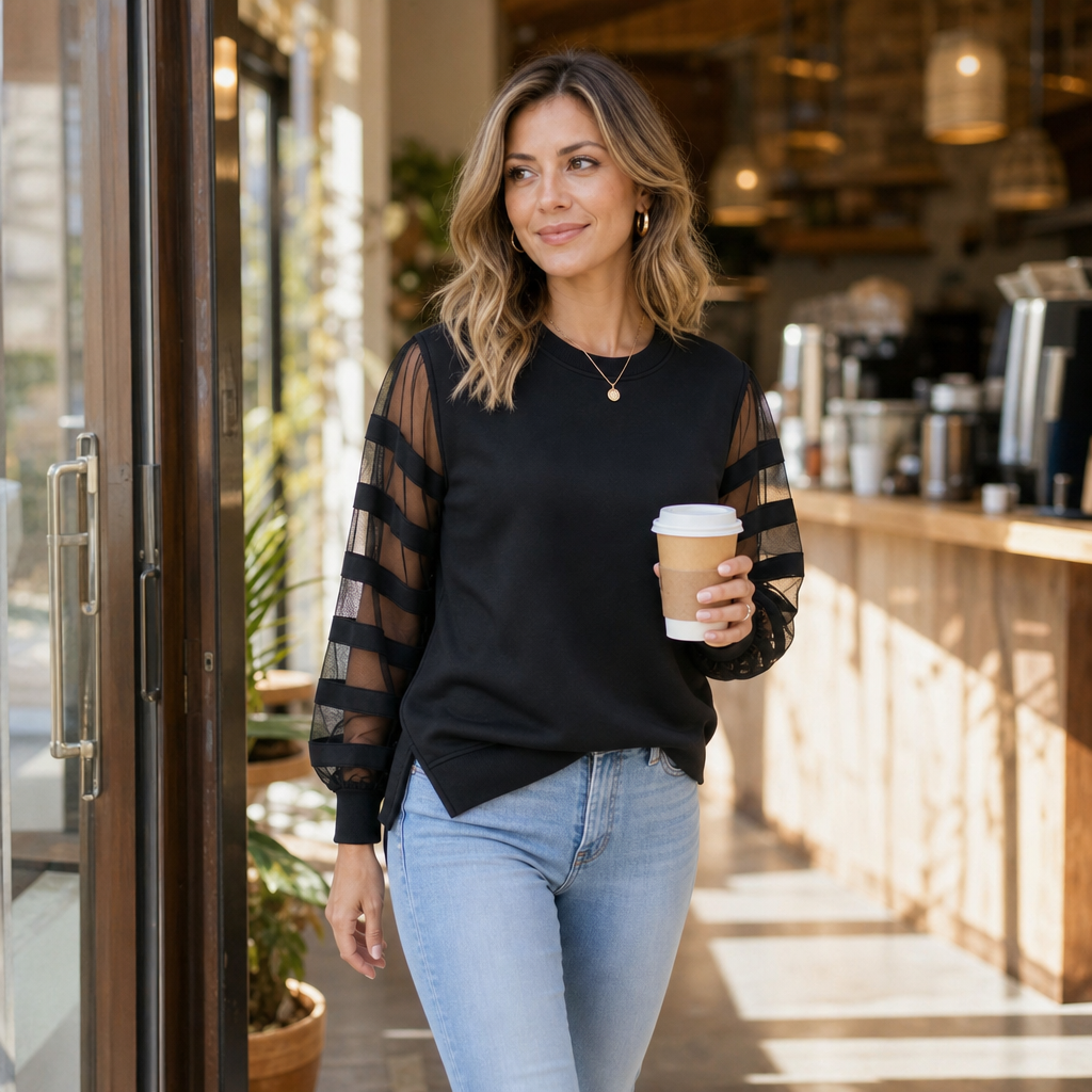 Mesh Panel Puff Sleeve Sweatshirt