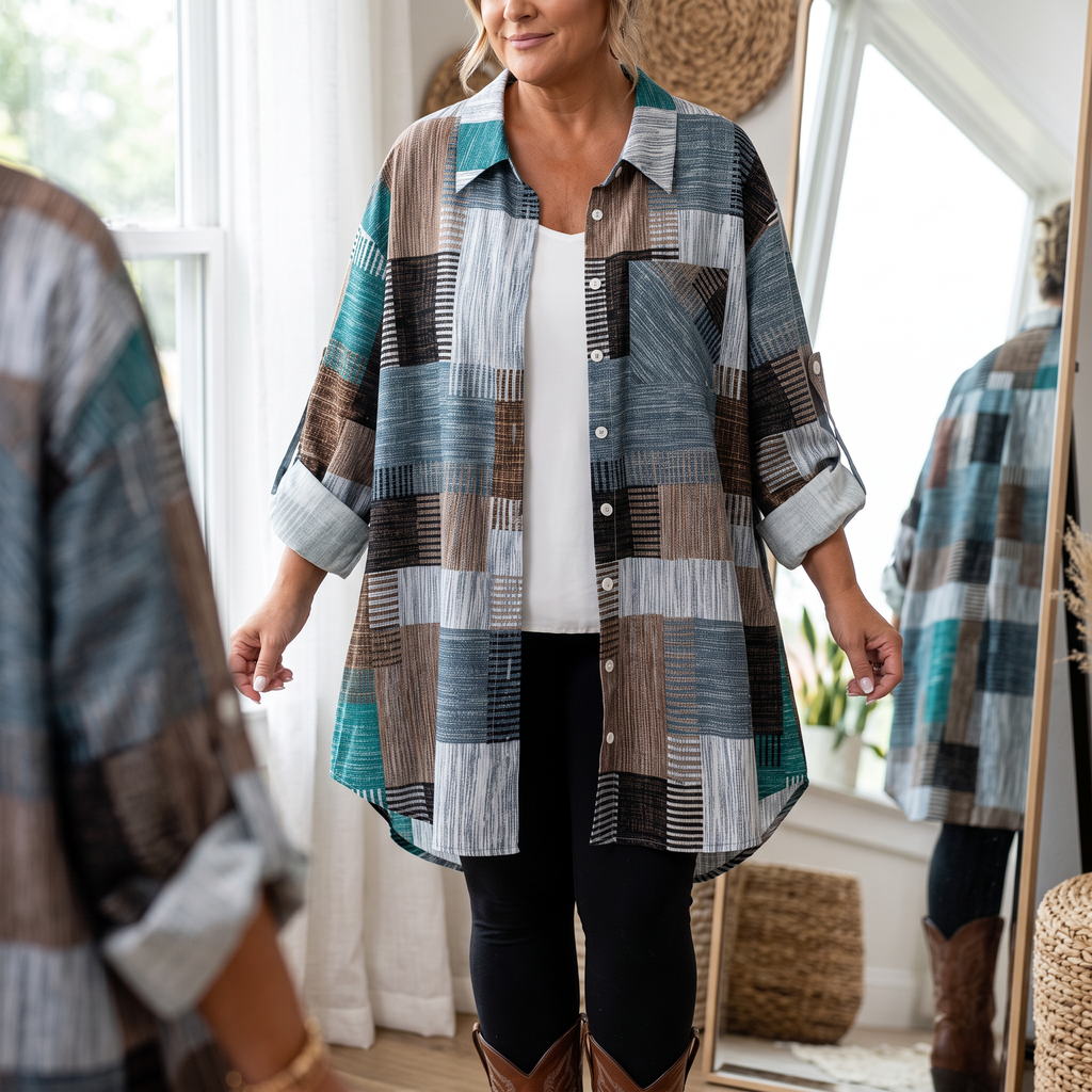Colorful Patchwork Plaid Button-Up Shirt