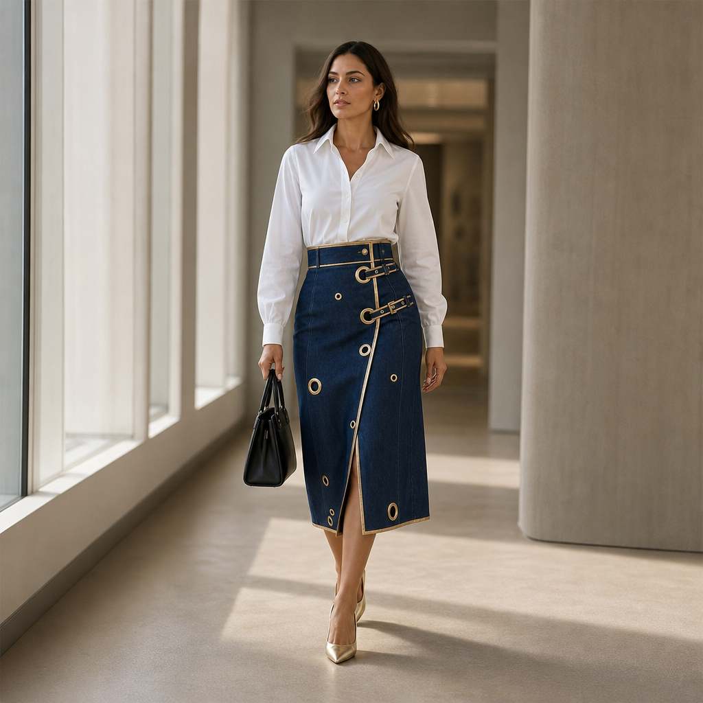 Asymmetric Wrap Denim Look Midi Skirt