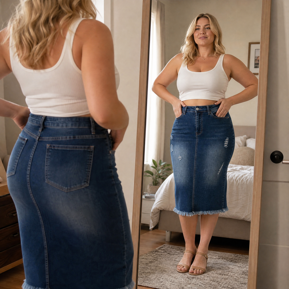 Women's Curve-Flattering Frayed Hem Denim Skirt