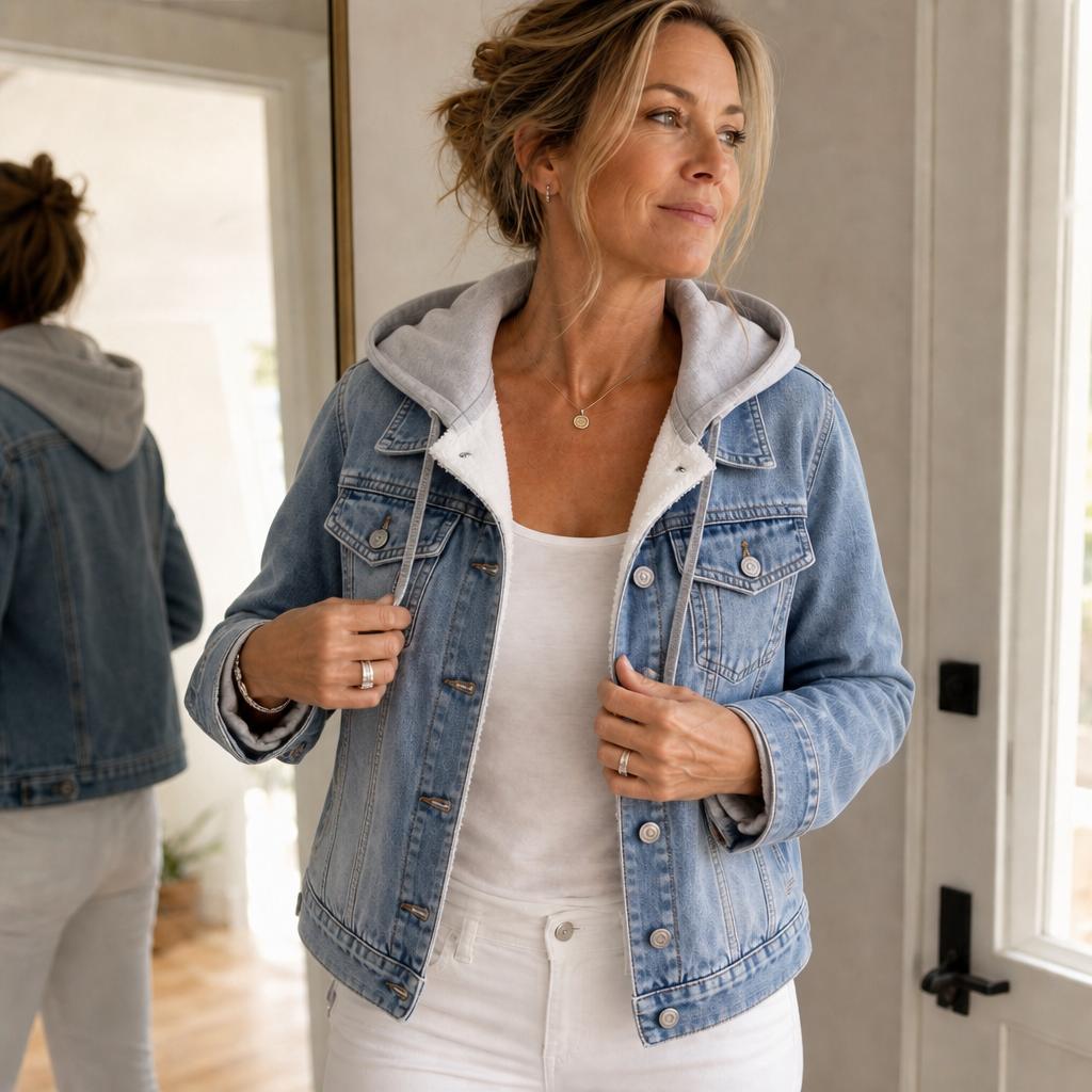 Hooded Two-Tone Layered Denim Jacket