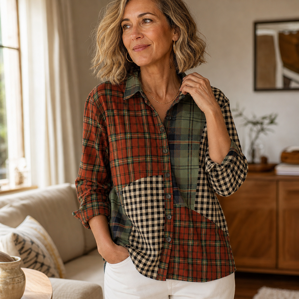 Color-Block Patchwork Plaid Button-Up Shirt