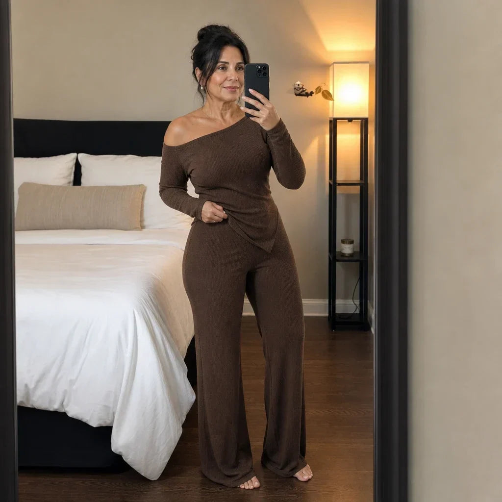 Off-Shoulder Long-Sleeve Wide-Leg Pants Set