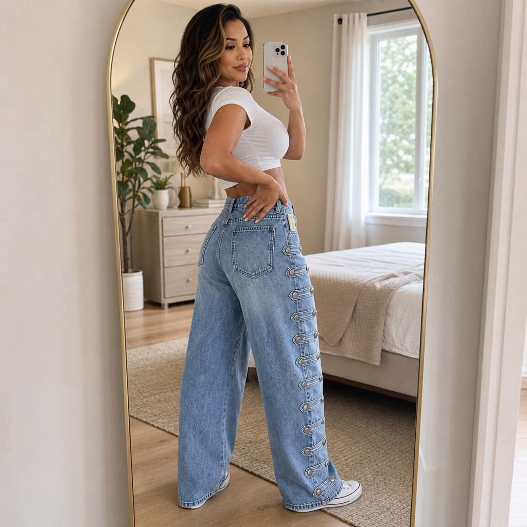Side Buckle Wide-Leg Jeans