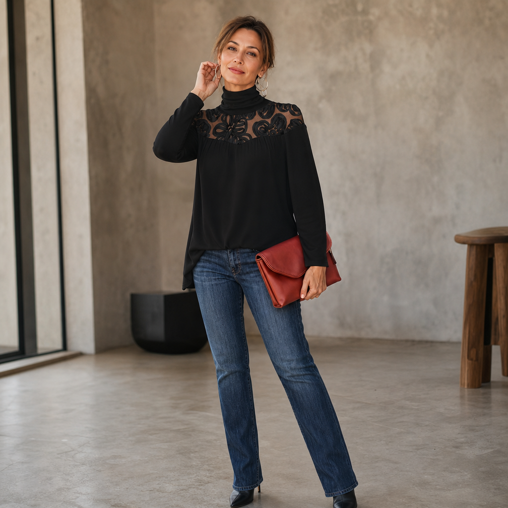 Sheer Floral Lace-Yoke High-Neck Blouse