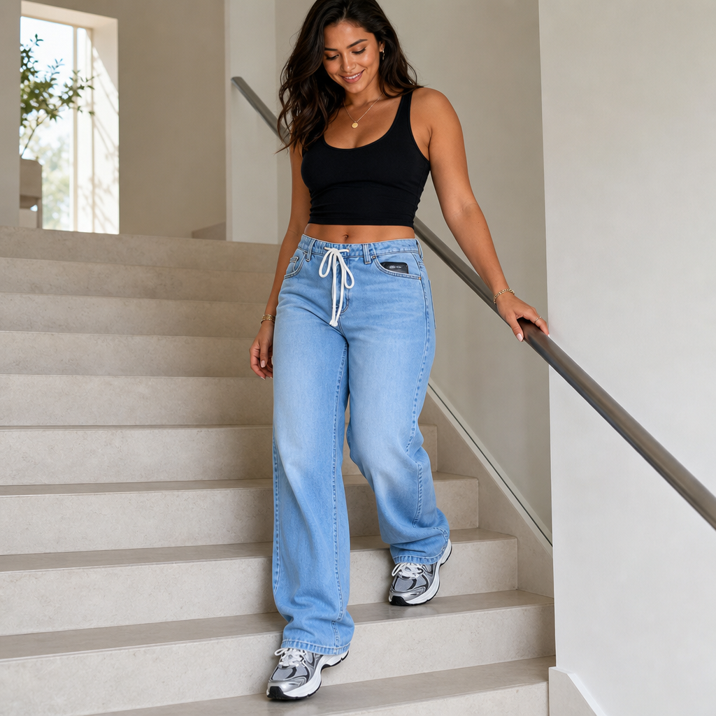 High-Waisted Drawstring Wide-Leg Jeans